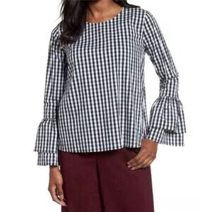 HALOGEN | Nordstrom Gingham Ruffle Bell Sleeves Poplin Blouse Sz L